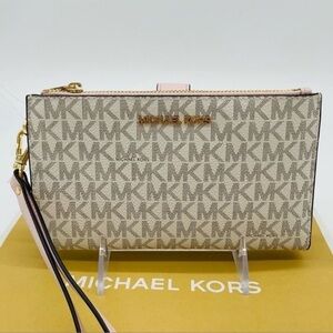Michael Kors Large Double Zip Wallet Wristlet Leather Vanilla/Light Pink